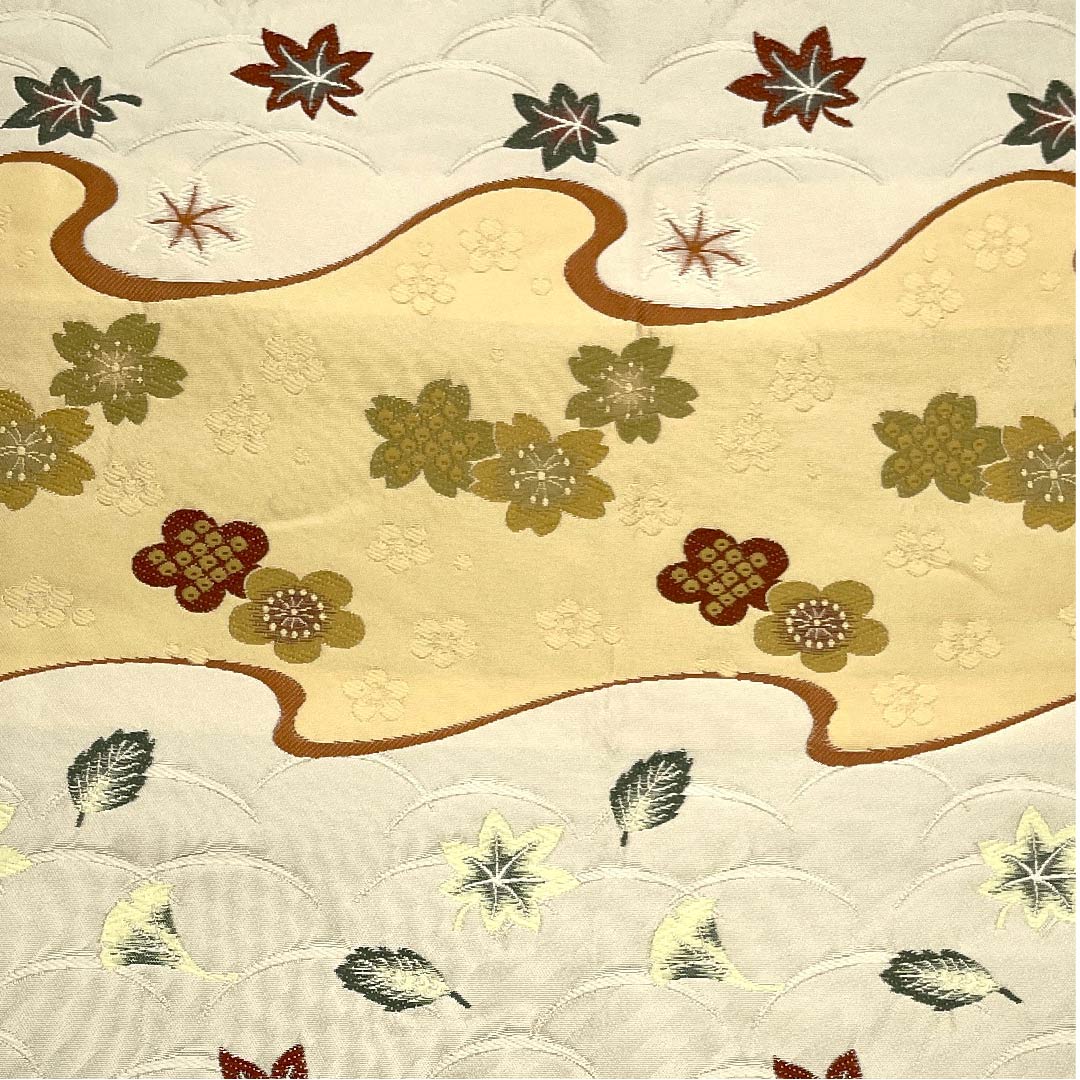 名古屋帯 京袋帯 生成り色 横段 芝草 桜 梅 紅葉 帯丈378cm ポリ Aランク 六通 セミフォーマル クリーム系 1124003483315  開き仕立て