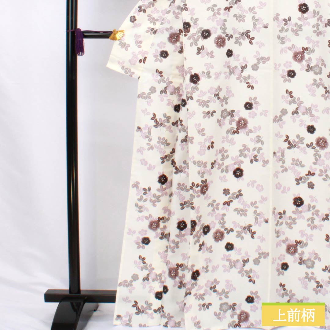 小紋 ポリエステル Sランク 身丈166.5cm 裄丈67cm 単衣 乳白色（にゅうはくしょく） 草花模様 洗える着物 白系 1115006992511