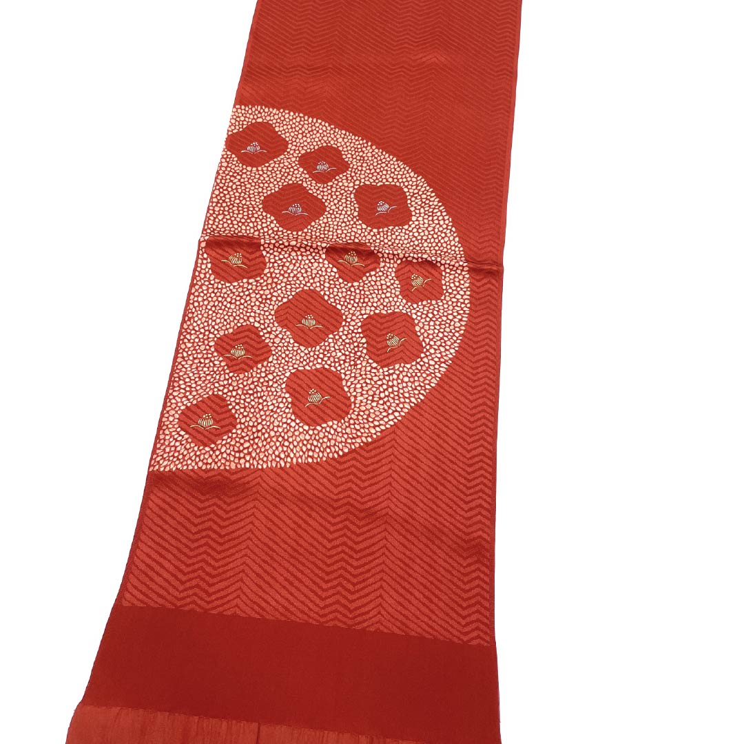 帯揚げ 正絹 Sランク セミフォーマル 甚三紅色（じんざもみいろ） 椿 長さ約174cm 幅約29.5cm 赤系 1136003022912