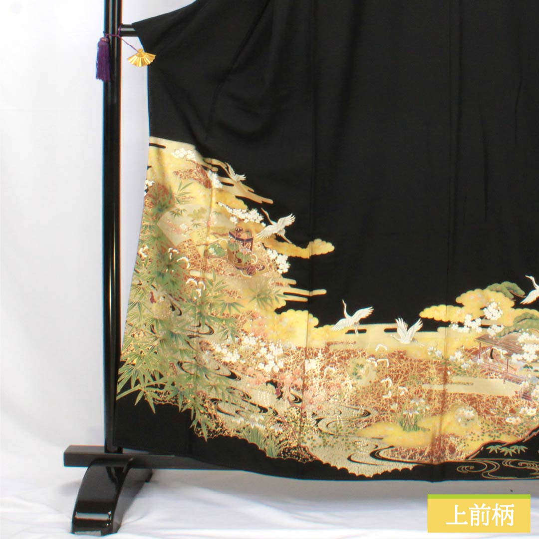 黒留袖 正絹 Aランク 身丈160.5cm 裄丈65cm 袷 京友禅 五つ紋 梅鉢 物語文様 鶴 貝桶 松 五つ紋 黒系 1111002083410