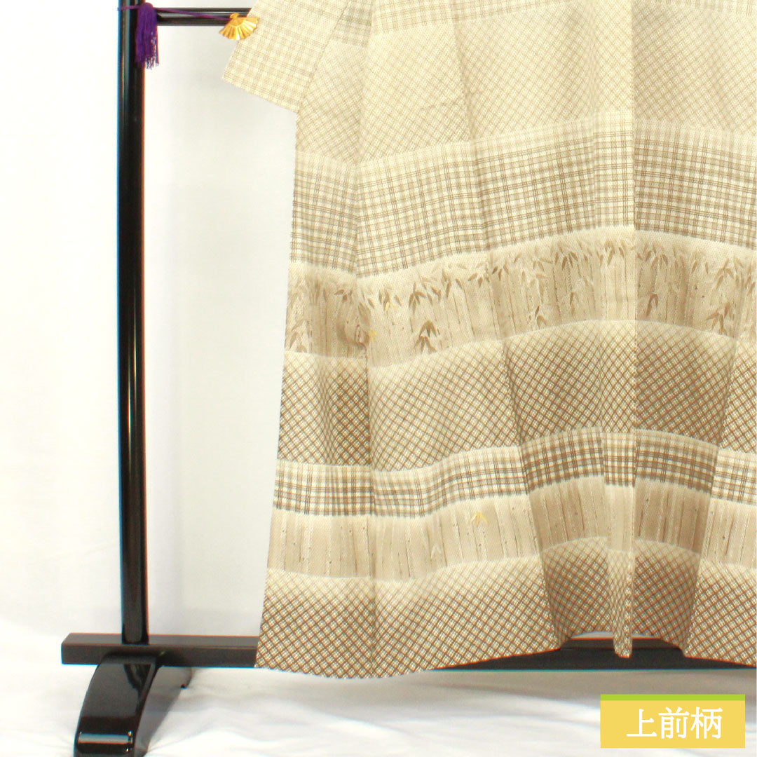 訪問着 正絹 単衣 身丈156.5cm 裄丈63.5cm 白茶色（しらちゃいろ） 作家物 竹 パールトーン加工 坂東三津五郎  Sランク ベージュ系 1112006022325