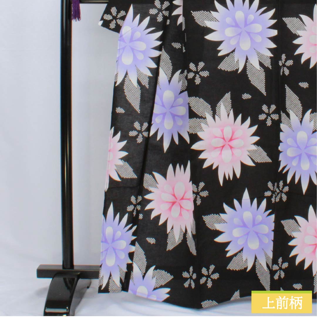 Cotton Yukata, Length 164cm, Sleeve Length 68.5cm, S Rank, Single Layer, Black with Floral Pattern, 1118006562410