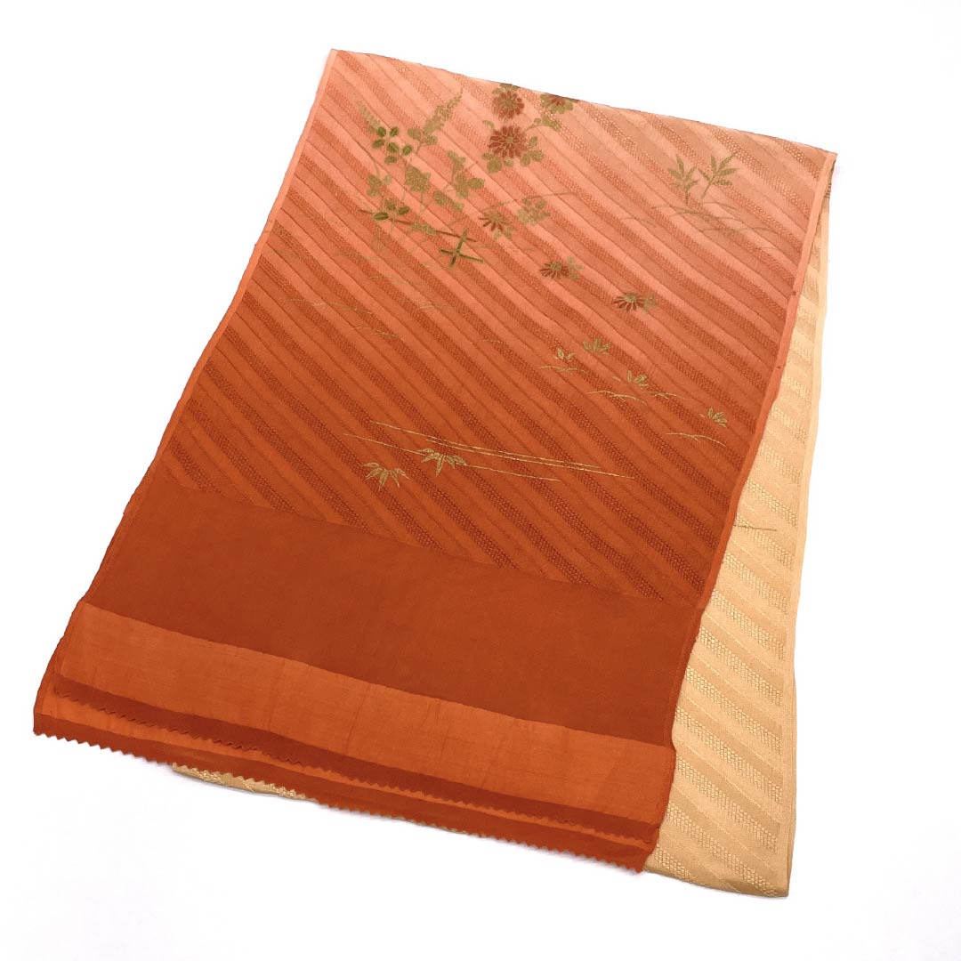 S-Rank Silk Obiage (Semi-Formal) - Skin Tone and Vermilion Gradient with Plant Pattern, Orange, Length: Approx. 164cm, Width: Approx. 28.5cm, Product Code: 1136001912926