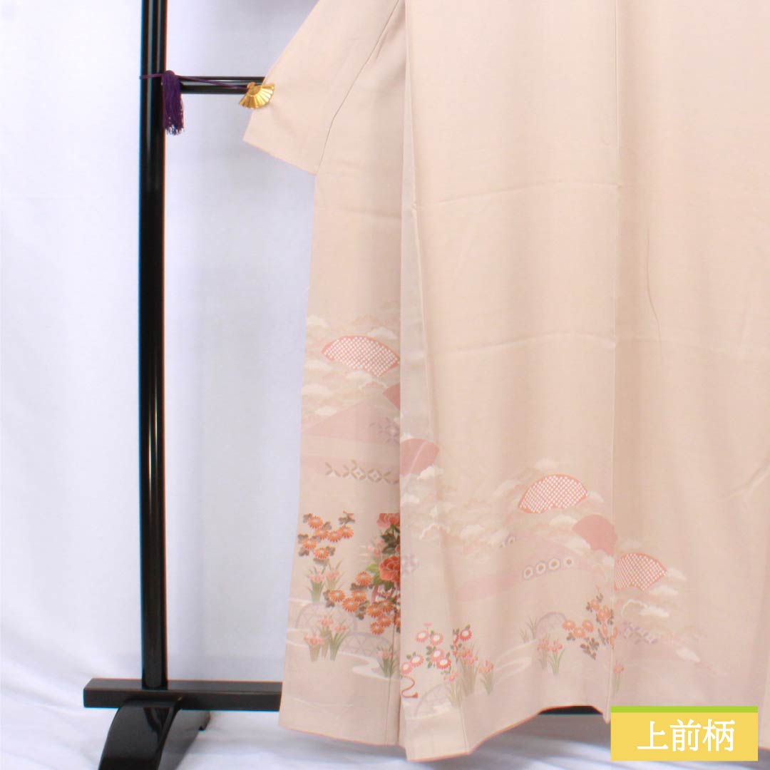 訪問着 正絹 Sランク 袷 身丈159cm 裄丈68cm 翁茶色（おきなちゃいろ） 京友禅 付下げ 蘇州刺繡 花車 扇面 ピンク系 1112006622313