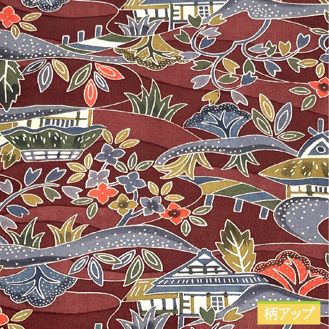 名古屋帯 正絹 Sランク 紫檀色（したんいろ） 型染 風景柄 ちりめん地 帯丈398cm 全通 カジュアル 茶系 1124011552414 開き仕立て