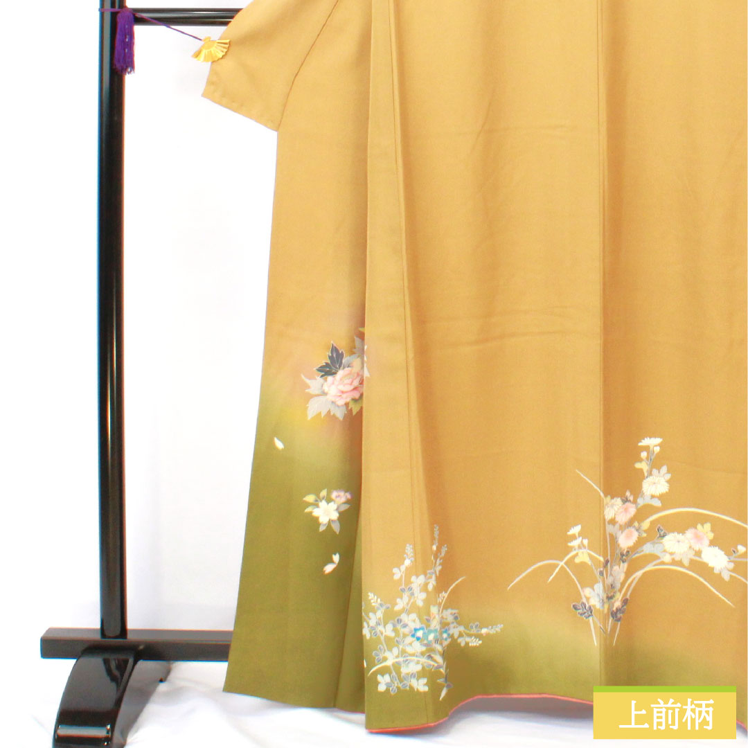 訪問着 正絹 袷 身丈163.5cm 裄丈63.5cm 黄土色（おうどいろ） 京友禅 草花模様 Aランク 黄系 1112005683423