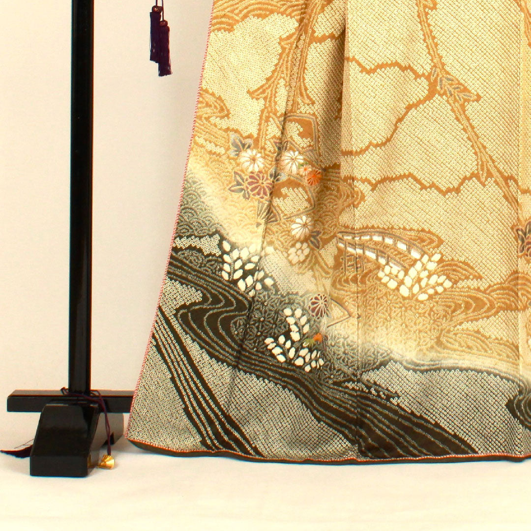 訪問着 袷 身丈167cm 裄丈69cm 総絞り 刺繍 吉祥文様 正絹 Sランク 黄系 1112000562523