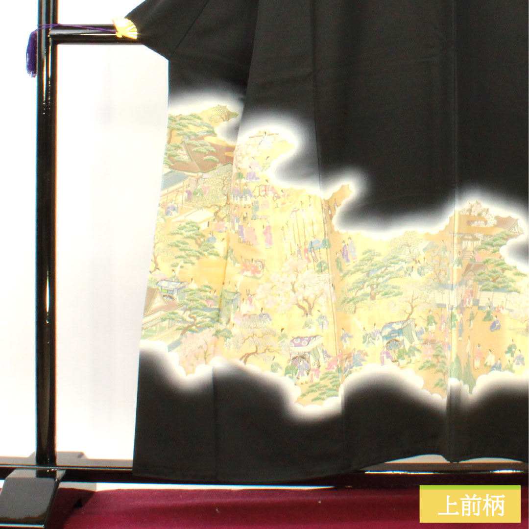 Black formal kimono, pure silk, length 156.5cm, sleeve length 63cm, lined, Kotobuki weave, historical figures and landscapes, new repelling processing, five crests, different hawk feathers, S rank, black, 1111001332310