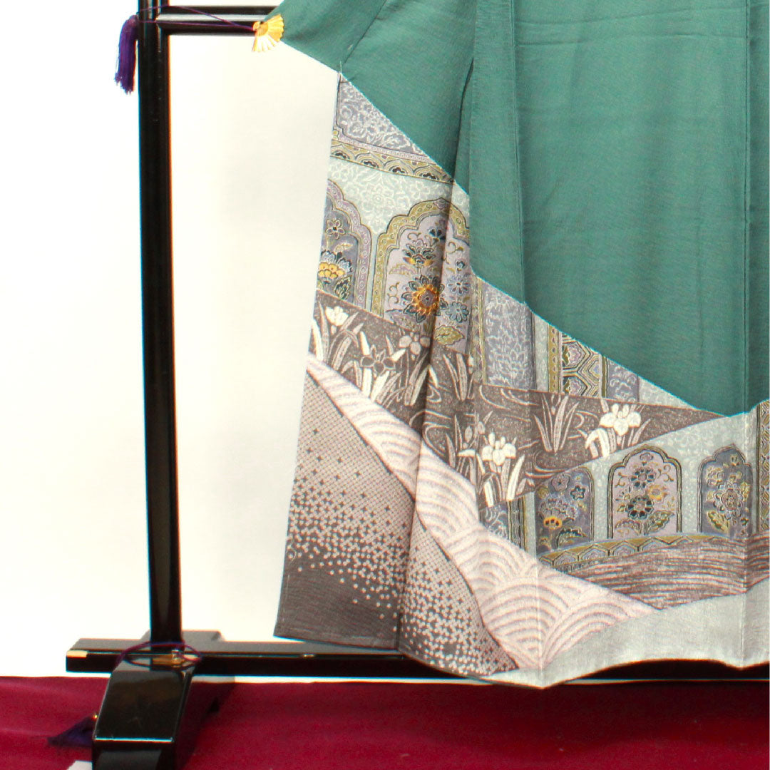 訪問着 袷 身丈156.5cm 裄丈65cm 未使用品 深川御納戸色 更紗模様 しつけ糸付き 正絹 Sランク 緑系 1112002102319