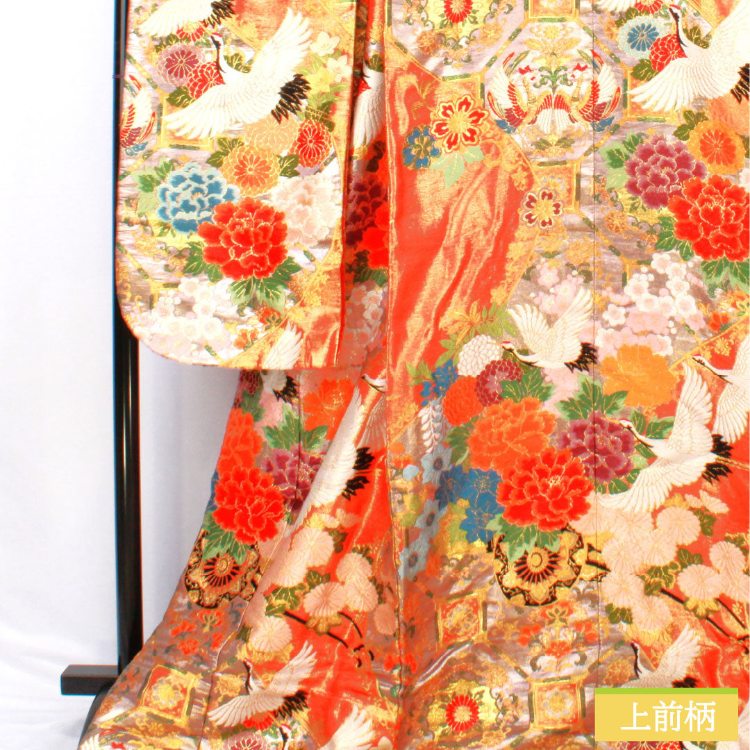 色打掛 正絹 Bランク 身丈195cm 裄丈69cm 唐織 鶴 鳳凰 花車 華文 袷 朱系 1110001034916