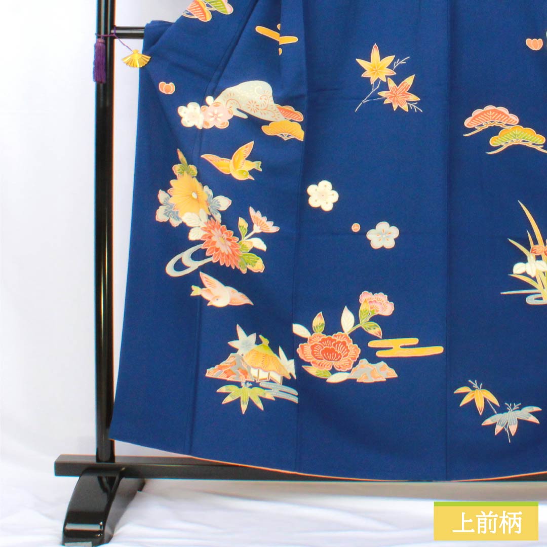 訪問着 正絹 Bランク 袷 身丈158cm 裄丈63.5cm 紺瑠璃色（こんるりいろ） 京紅型 吉祥文様 松竹梅 菖蒲 鳥 青系 1112007284317