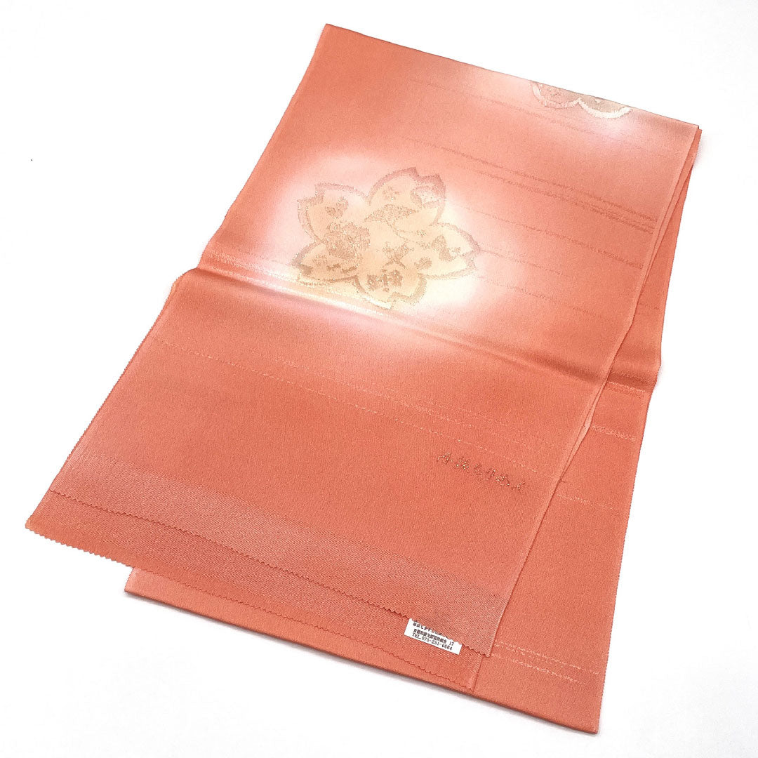 (Like New) Semi-Formal Silk Obiage (Sash) in Pale Red (Usubeniakairo) with Tango Chirimen (Crepe) Design, Autumn Leaves and Cherry Blossoms, Approximately 180cm Long, Approximately 29cm Wide, Red, Product Number 1136001201912