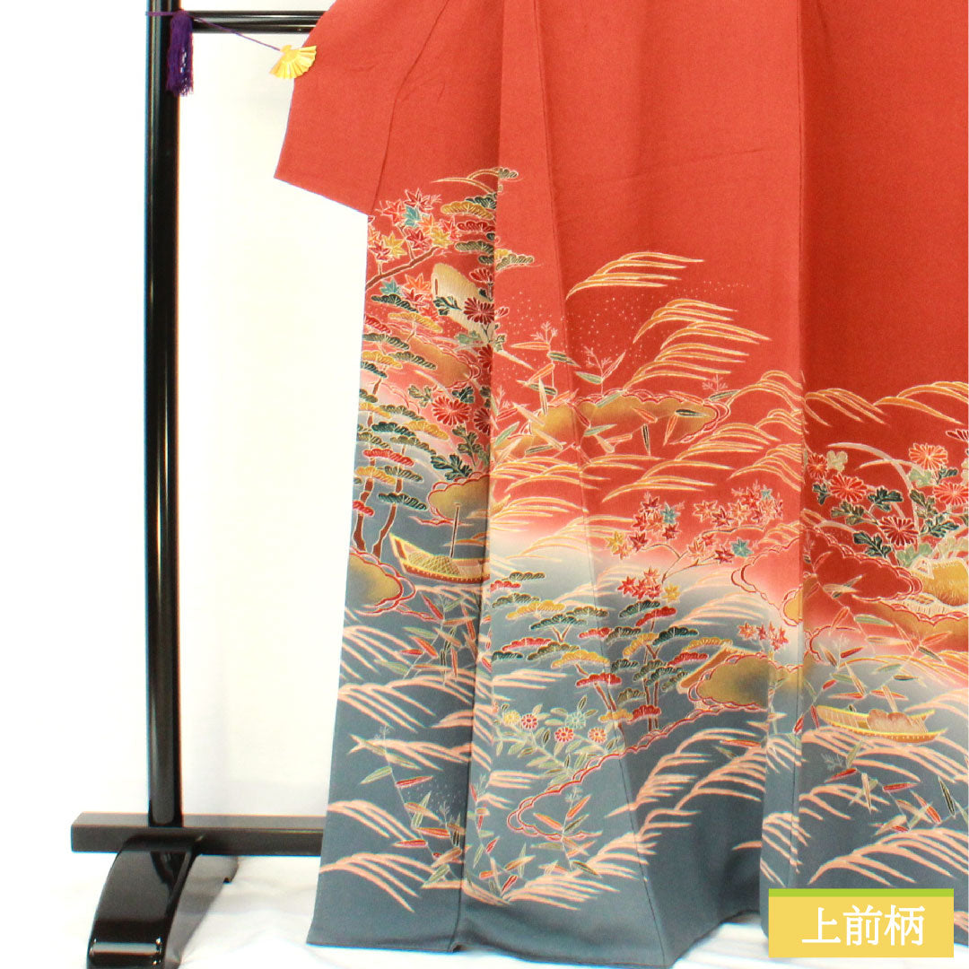 訪問着 正絹 袷 身丈165.5cm 裄丈65cm 弁柄色（べんがらいろ） 京友禅 茶屋辻風景模様 ちりめん地 Aランク 朱系 1112005923516