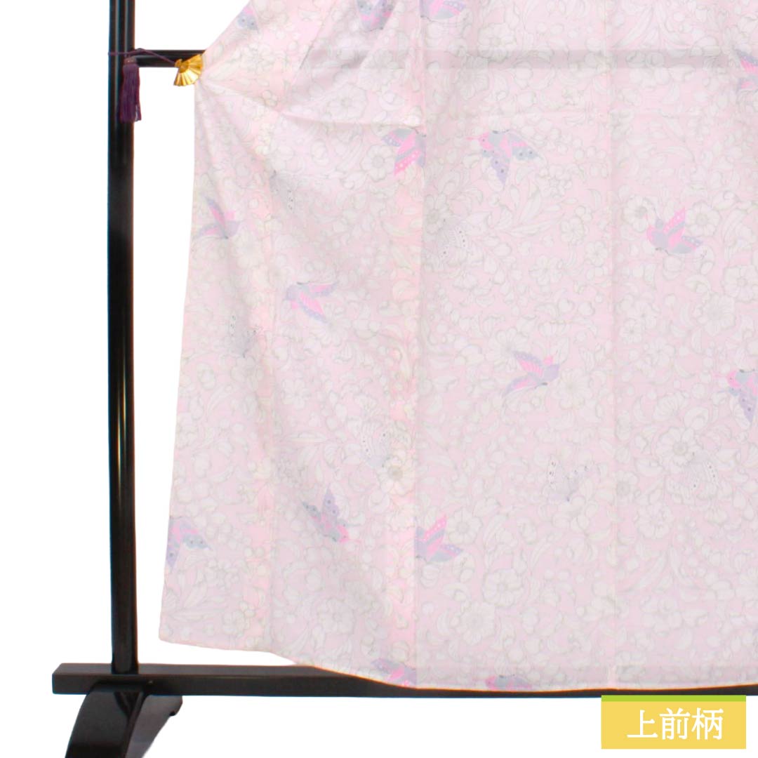 夏物 ポリエステル 小紋 Aランク 身丈160.5cm 裄丈63.5cm 桜色（さくらいろ） 洗える着物 辻ヶ花 蝶 絽 ピンク系 1132006353413