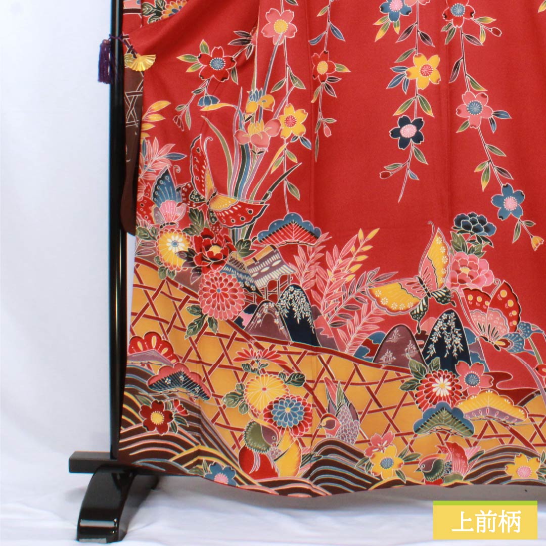 振袖 正絹 Sランク 身丈162cm 裄丈67.5cm 袷 柘榴色（ざくろいろ） 京紅型 吉祥文様 蝶 パールトーン加工 赤系 1113002392412