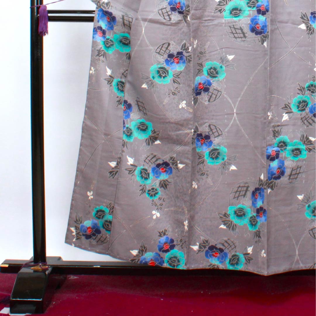 浴衣 鼠志野色 牡丹 萩 木綿 Sランク 単衣 身丈157.5cm 裄丈64.5cm グレー系 1118004082322