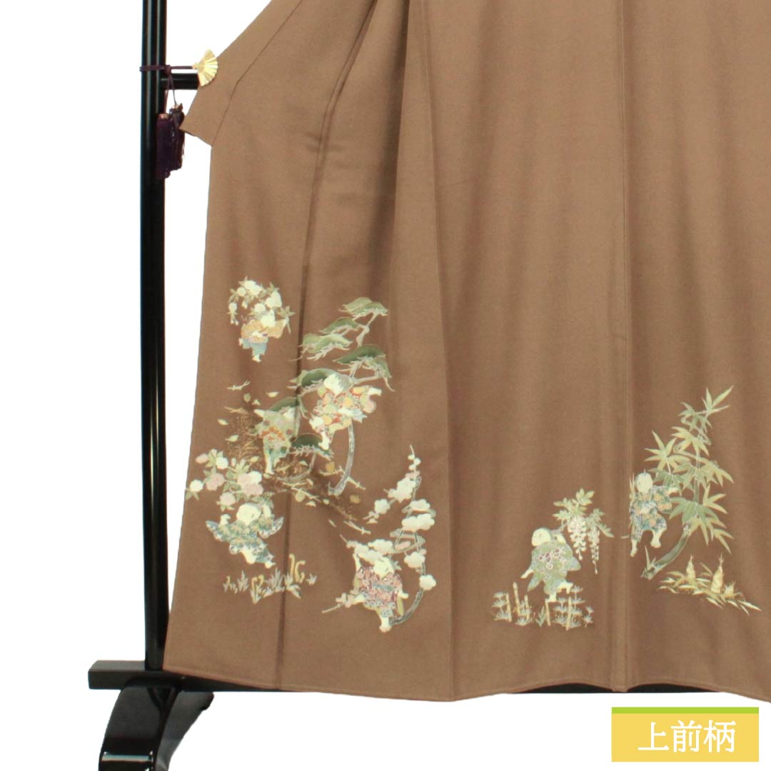 色留袖 正絹 Bランク 身丈158cm 裄丈66cm 袷 光悦茶色（こうえつちゃいろ） 京友禅 童 松竹梅 三つ紋 揚羽蝶 比翼付き 三つ紋 茶系 1111002174314