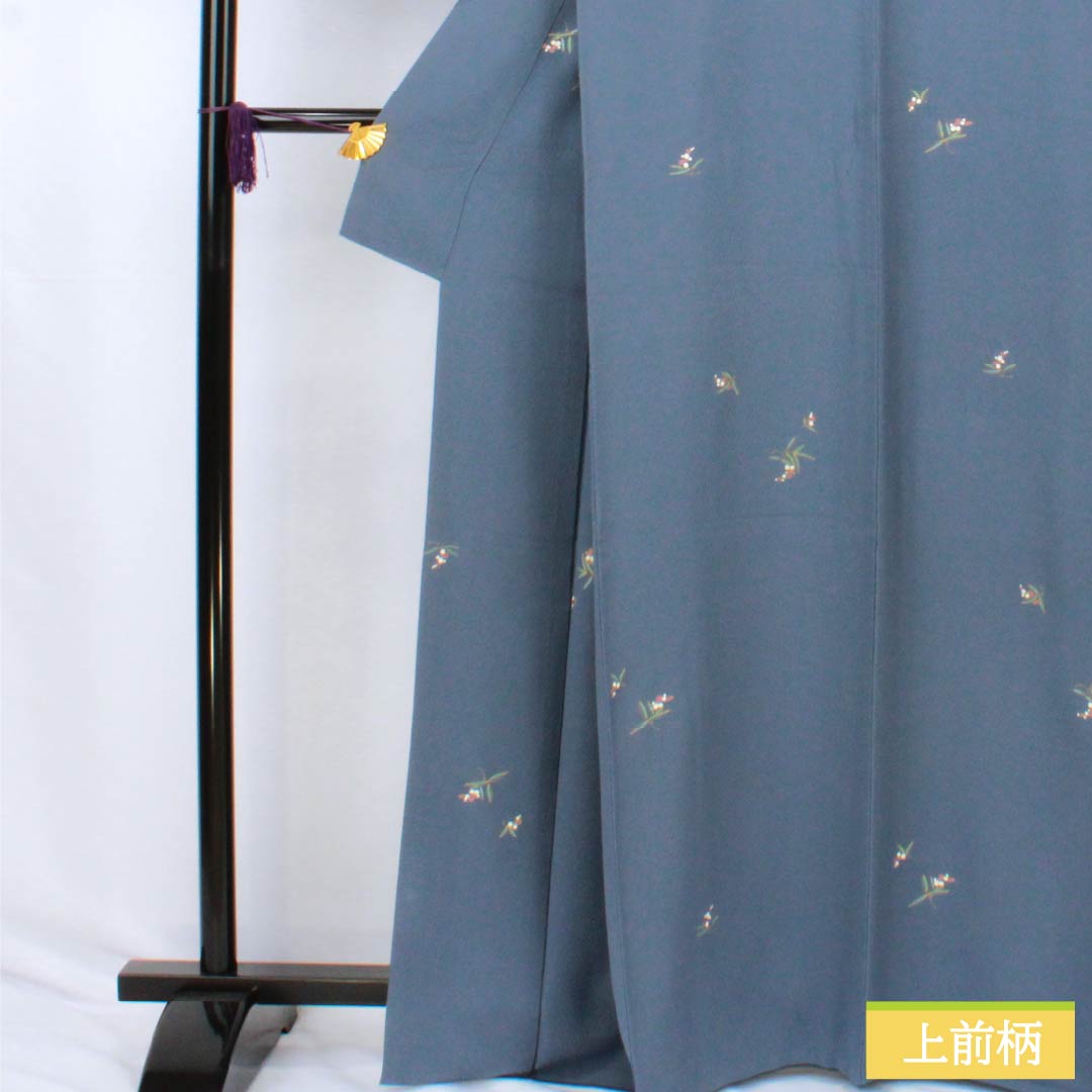 小紋 正絹 Aランク 身丈165cm 裄丈68cm 袷 裏色（うらいろ） 小花 ちりめん地 パールトーン加工 青系 1115007293517