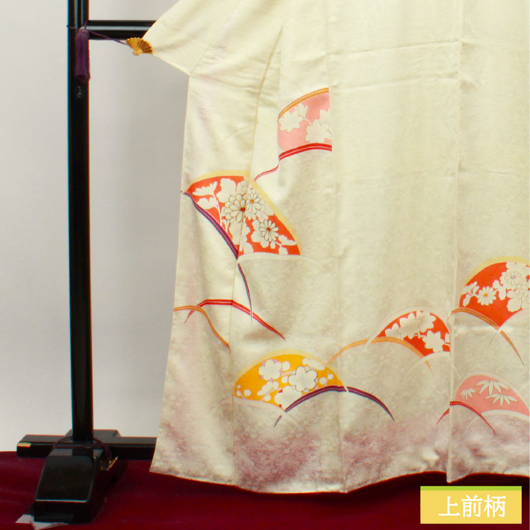訪問着 正絹 袷 身丈162.5cm 裄丈63.5cm 乳白色 京友禅 扇面 草花模様 しつけ糸付き 未使用品 Sランク クリーム系 1112003412415