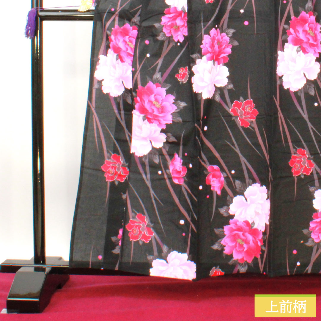 浴衣 木綿 身丈159.5cm 裄丈67cm Sランク 単衣 黒系 牡丹 1118005212310