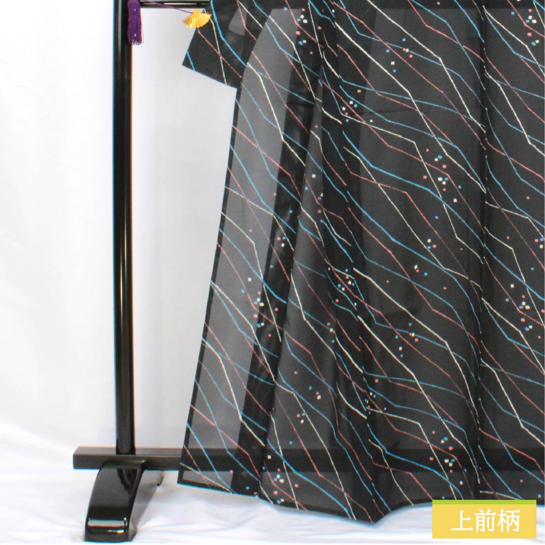 Summer kimono, polyester, small pattern, length 164.5cm, sleeve length 68cm, geometric pattern, washable kimono, silk, S rank, black, 1132002242410