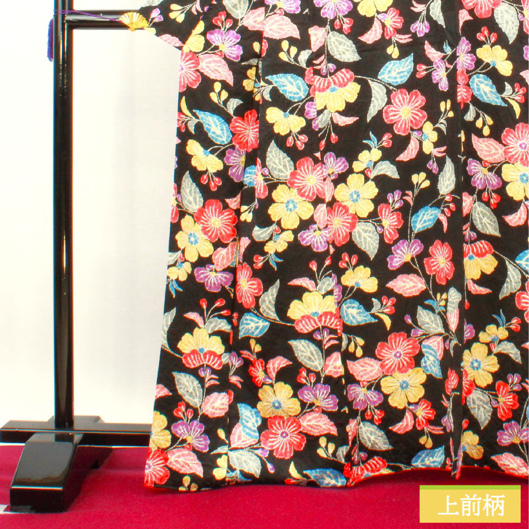 Komon, pure silk, length 165.5cm, sleeve length 67cm, lined, tie-dye, floral pattern, S rank, black, 1115004472510