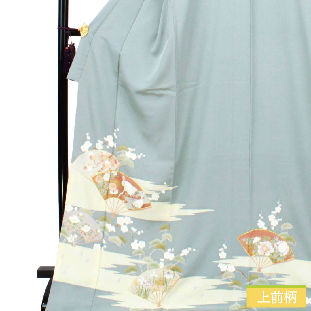色留袖 正絹 Sランク 身丈178cm 裄丈70.5cm 袷 沈香茶色（とのちゃいろ） 京友禅 扇面 鶴 吉祥文様 一つ紋 丸に剣片喰 一つ紋 青系 1111002252817