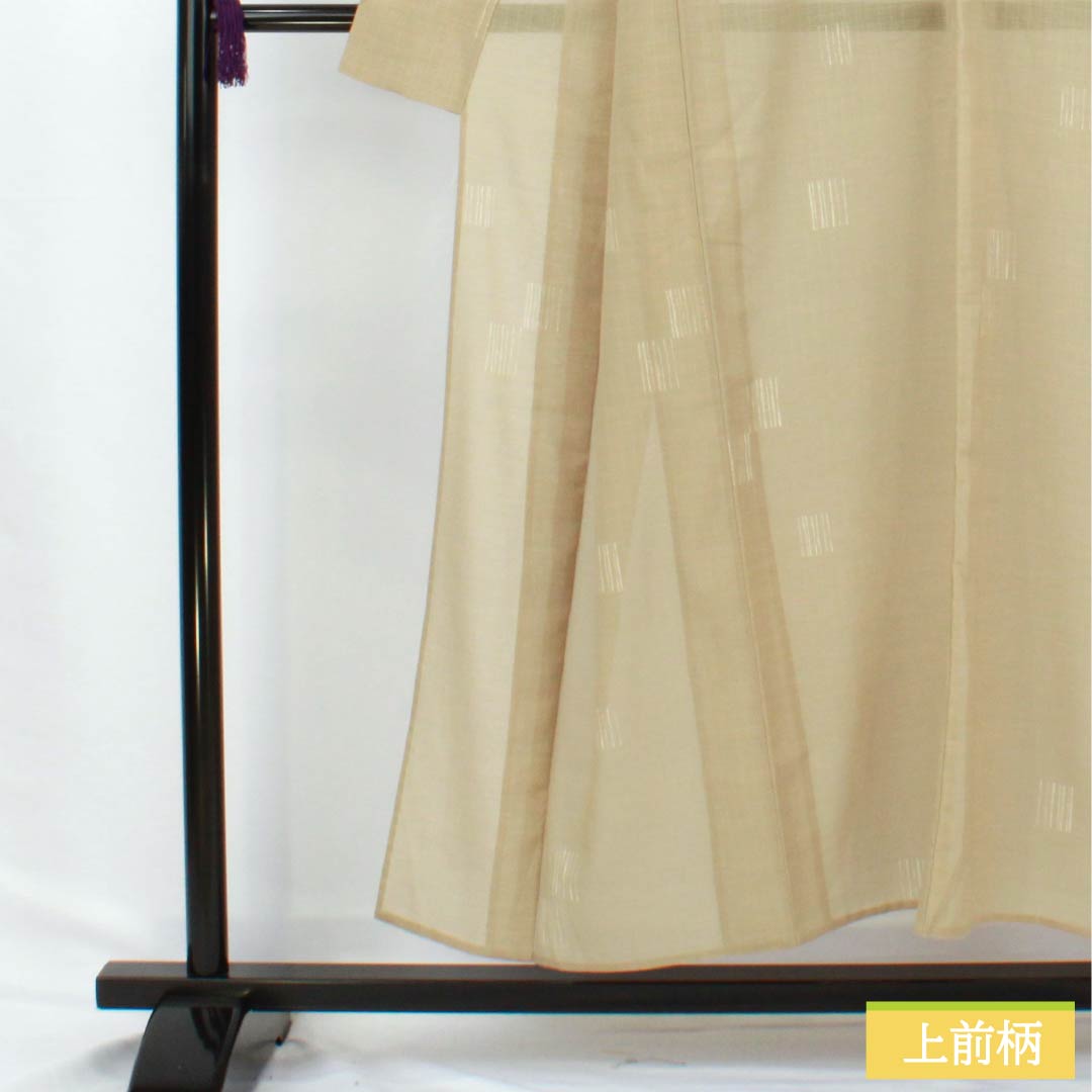 夏物 ポリエステル 小紋 身丈152.5cm 裄丈64cm 亜麻色（あまいろ） 幾何学模様 洗える着物 紗 Sランク ベージュ系 1132002672225