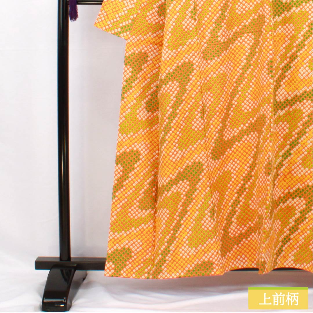 小紋 正絹 身丈159.5cm 裄丈65cm 袷 黄丹色（おうにいろ） 絞り 流水 しつけ糸付き Bランク 橙系 1115005454326
