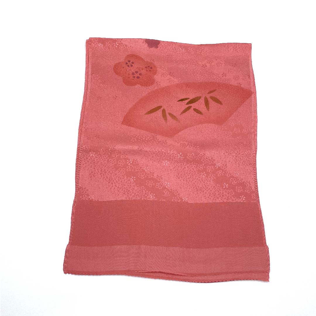 (New old stock) Formal obiage, pure silk, pinkish red, plum, bamboo, fan-shaped, length 179cm, width 30cm, S rank, pink, 1136000222913