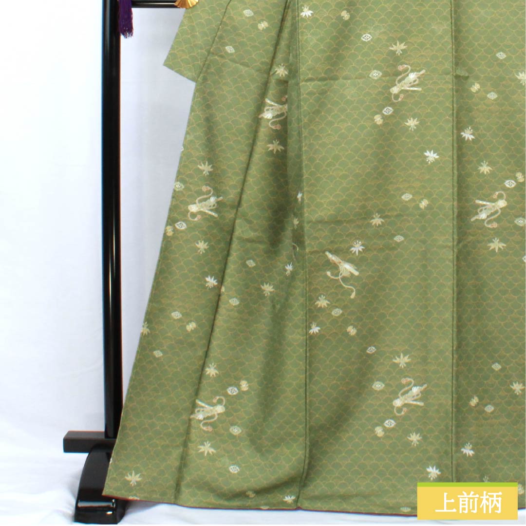 小紋 ポリエステル 身丈169cm 裄丈64.5cm 袷 仏手柑色（ぶしゅかんいろ） 洗える着物 笛 古典柄 Sランク 緑系 1115005462519