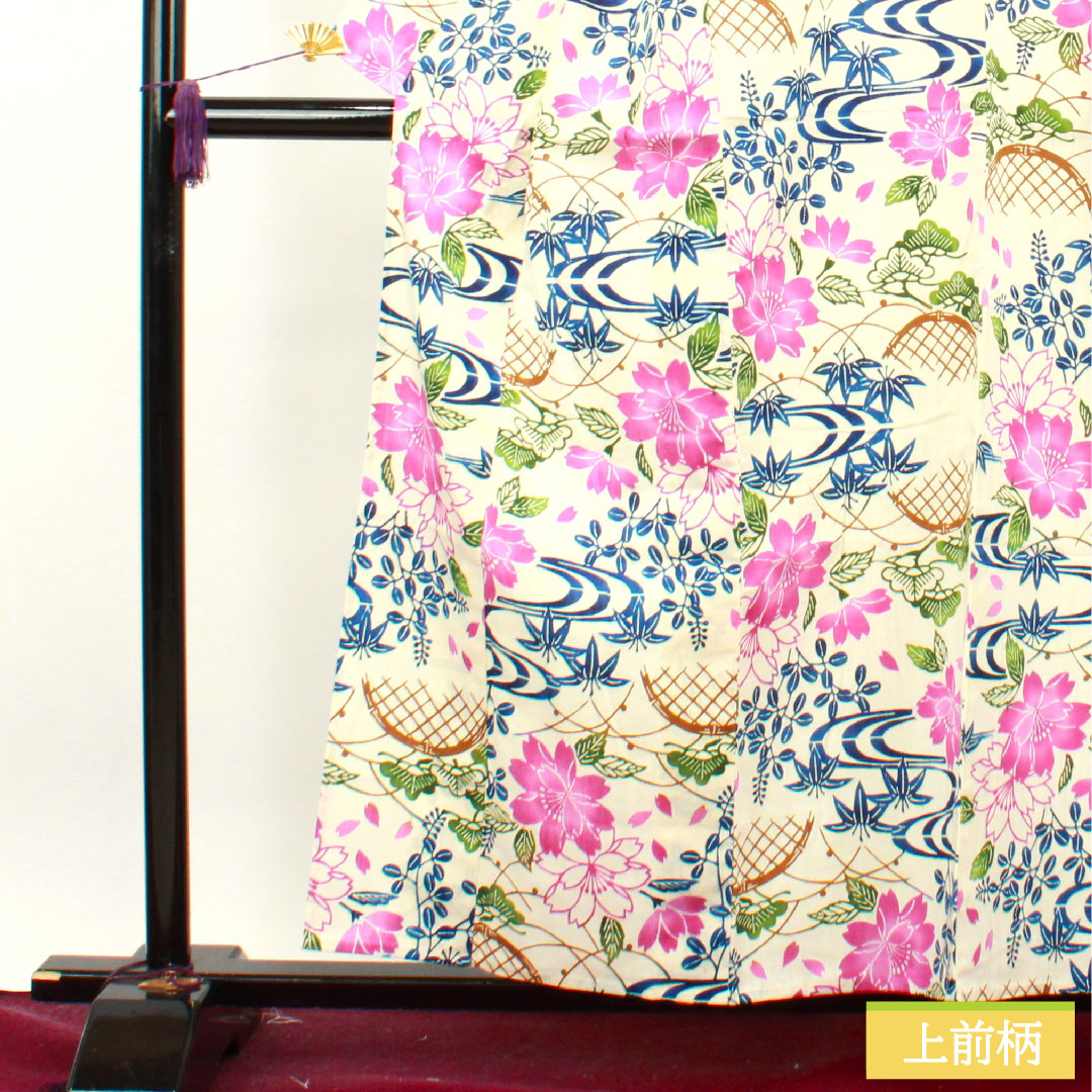 浴衣 綿麻 身丈159cm 裄丈66cm Sランク 単衣 白系 乳白色（にゅうはくしょく） 源氏物語 型染 桜 1118004782311