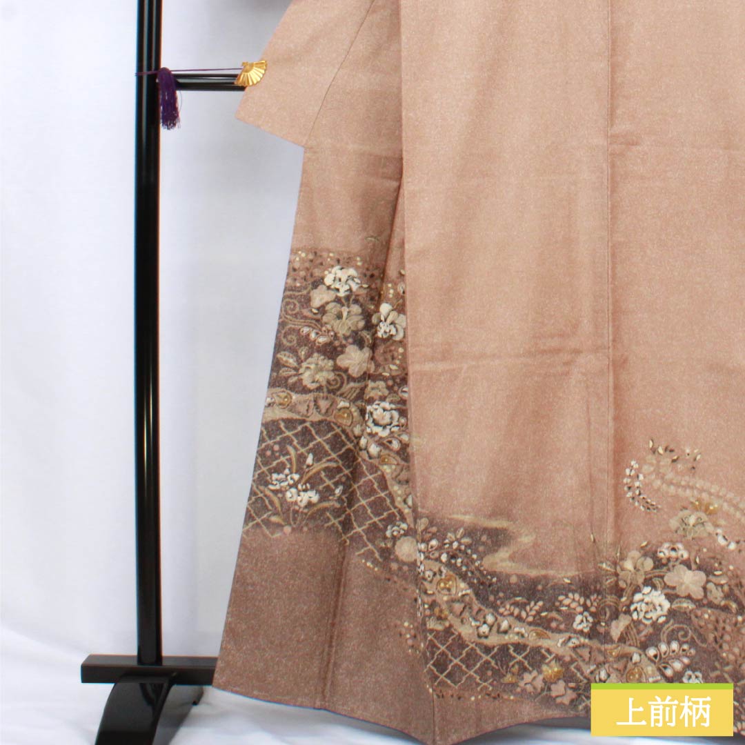 訪問着 正絹 Sランク 袷 身丈162cm 裄丈69cm 松染色（まつぞめいろ） 大島紬 絞り 辻ヶ花 しつけ糸付き 茶系 1112006692414