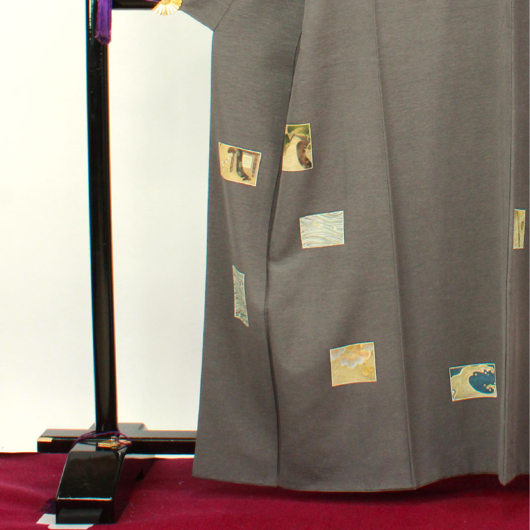 訪問着 袷 身丈163.5cm 裄丈67cm 具墨色 神坂雪佳 京友禅 浜ちりめん 丸に根笹 正絹 Sランク グレー系 1112002402422