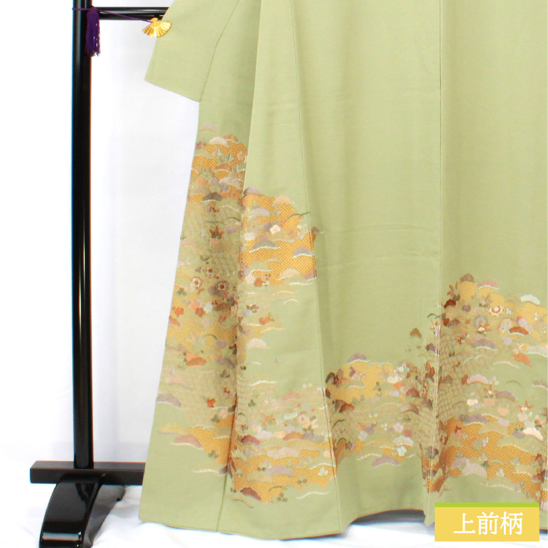 色留袖 正絹 身丈163cm 裄丈67cm 袷 薄柳色（うすやなぎいろ） 蘇州刺繡 丹後ちりめん 吉祥文様 三つ紋 丸に下り藤 Sランク 緑系 1111001682419