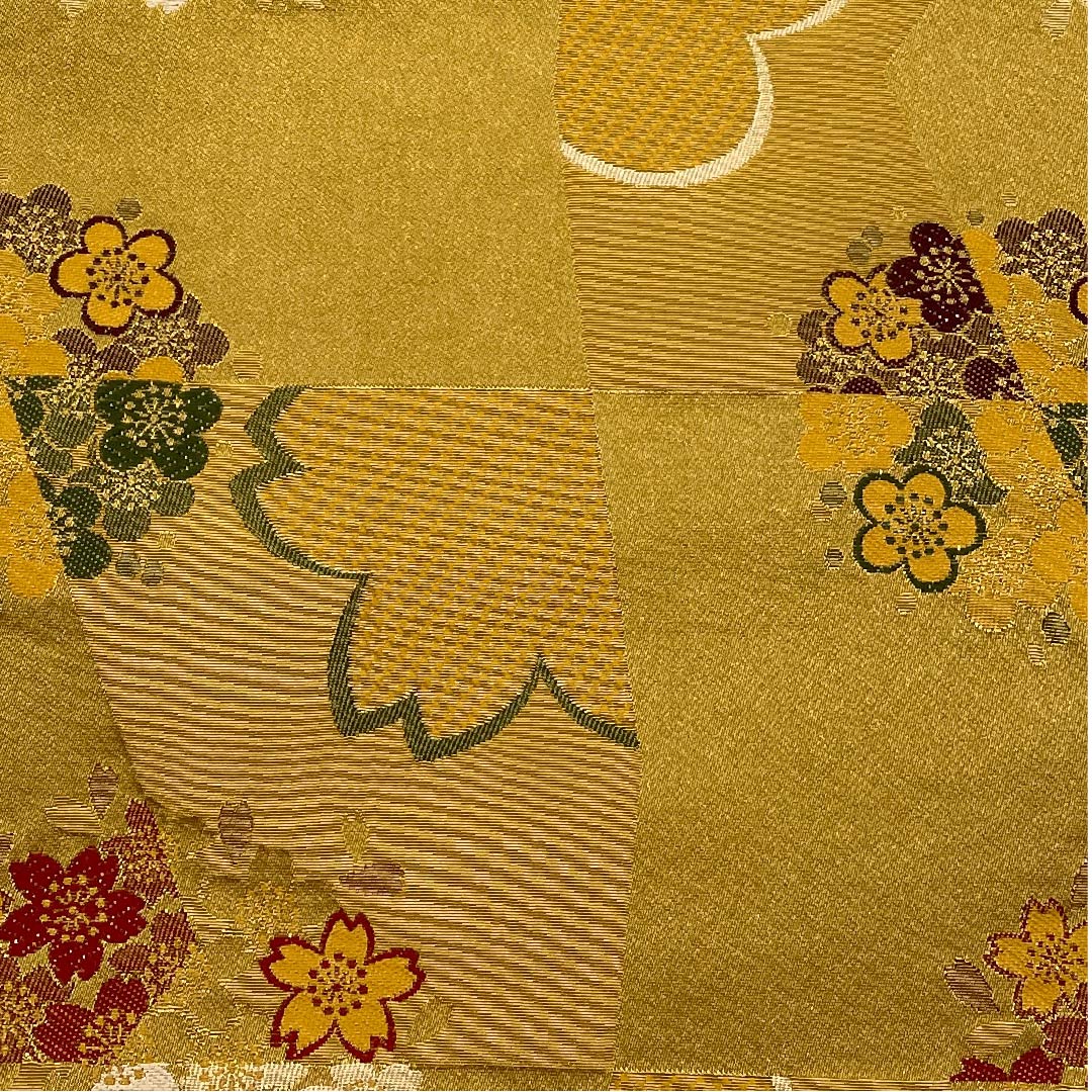 名古屋帯 京袋帯 梅谷渋色 桜 梅 変わり市松 帯丈392cm ポリ Aランク 全通 セミフォーマル 黄系 1124003353323  開き仕立て