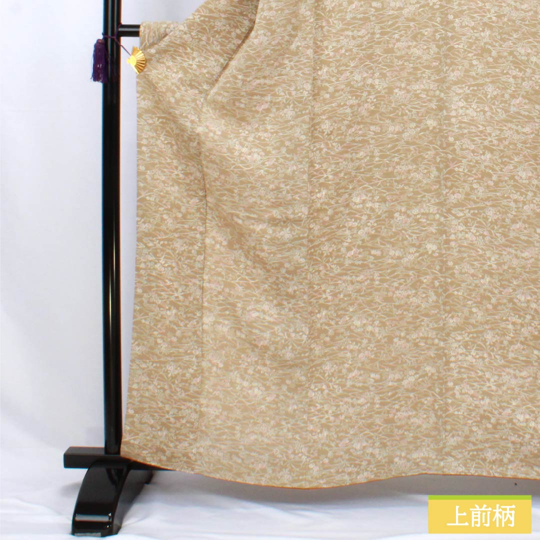 小紋 正絹 Sランク 身丈162cm 裄丈66cm 袷 内記煤竹色（ないきすすたけいろ） ちりめん地 草木民芸彩り 茶屋辻 防縮加工 ベージュ系 1115007752425