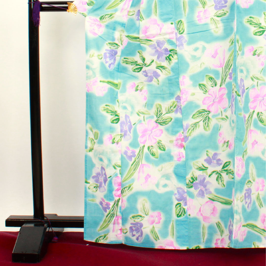 浴衣 浅縹色 花模様 木綿 Aランク 単衣 身丈166.5cm 裄丈64cm 青系 1118001083517