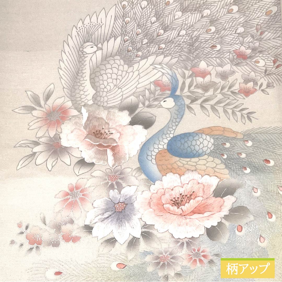 袋帯 正絹 胡粉色（ごふんいろ） 留袖用 刺繍 孔雀 花模様 帯丈428cm Aランク ポイント柄 フォーマル 白系 1123014243311