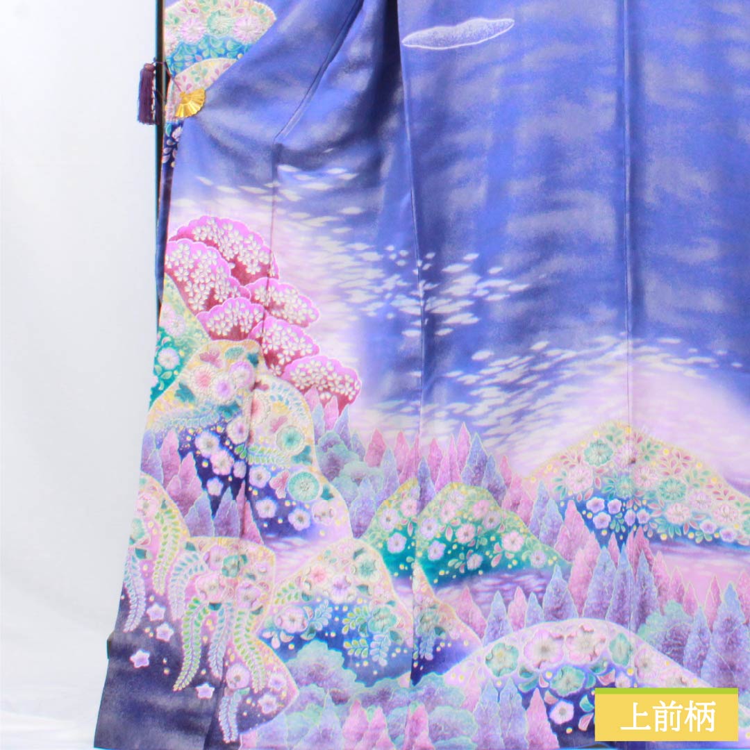 振袖 正絹 Sランク 身丈172.5cm 裄丈68cm 袷 青紫色（あおむらさきいろ） 銀通し 辻が花 遠山 ソフトガード加工 紫系 1113002552620