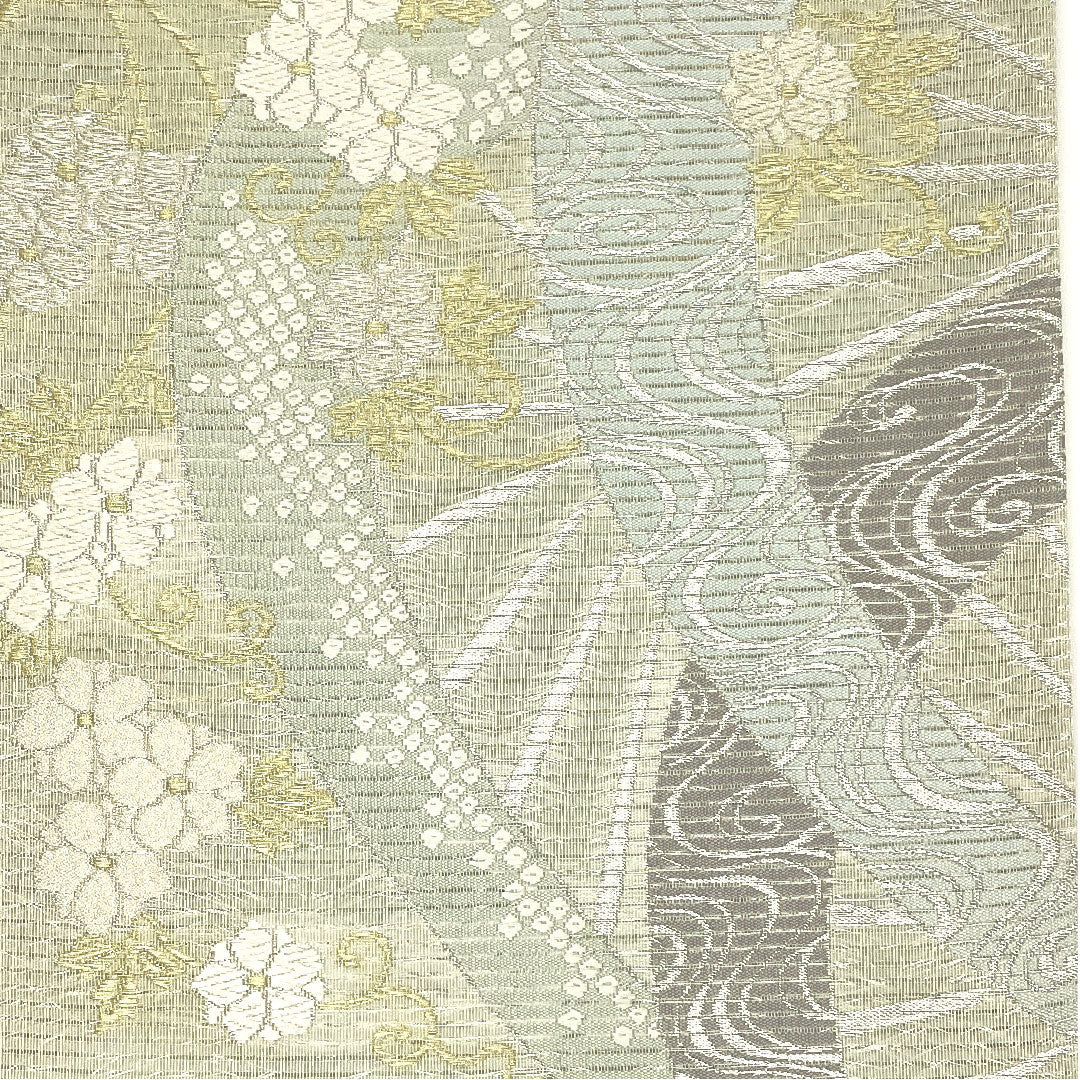 袋帯 絽 夏 流水 草花模様 帯丈441cm 正絹 Sランク 六通 フォーマル 白系 1123004392311