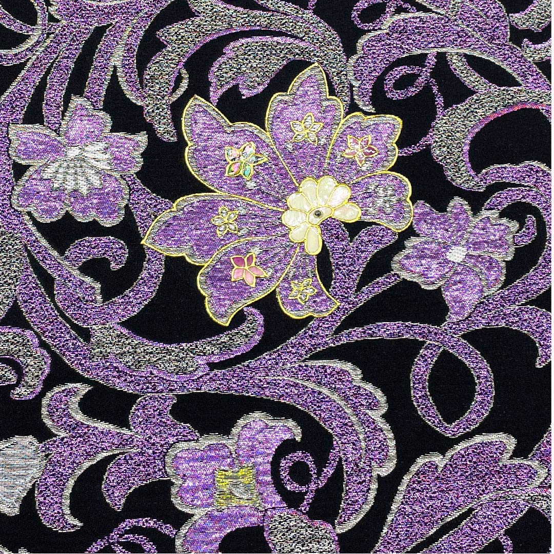 （未仕立）袋帯 黒色 花唐草 藤本隆士 螺鈿作家 西陣京都イシハラ 帯丈472cm 正絹 NEWランク 六通 フォーマル 黒系 1123009061410