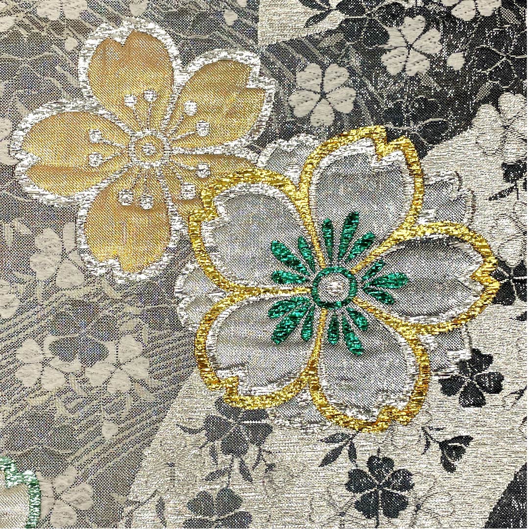 袋帯 シルバー色 桜 流水 振袖用 帯丈430cm 正絹 Sランク 六通 フォーマル 銀系 1123003032322