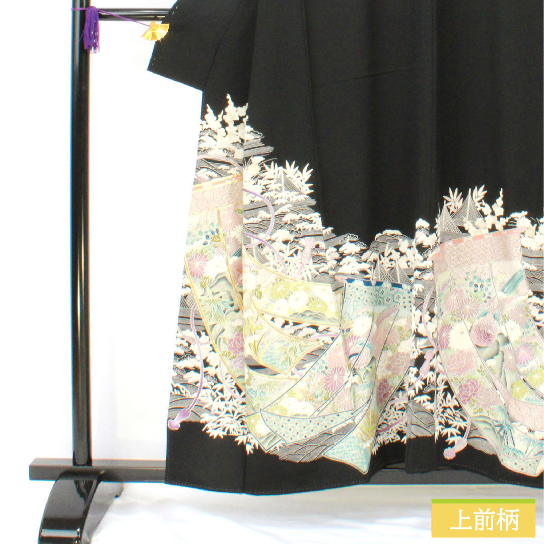 Black formal kimono, pure silk, length 154cm, sleeve length 61.5cm, lined, Kyoto Yuzen, pine, bamboo and plum, folding screen, five crests, circle with ivy, A rank, black, 1111001653210