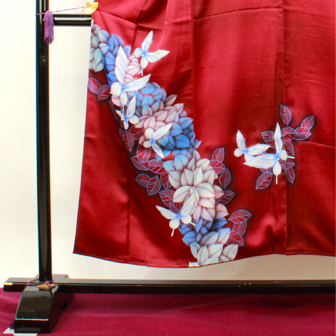 訪問着 正絹 袷 身丈151cm 裄丈63cm 暗紅色 蝶 Sランク 紫系 1112002992220