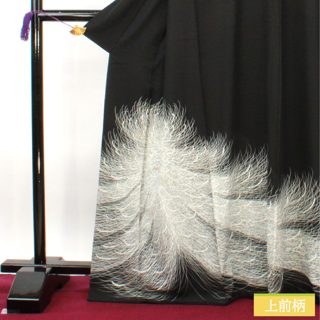 黒留袖 正絹 身丈167cm 裄丈67cm 袷  手描き友禅 菊 五つ紋 三ツ割片喰 Sランク 五つ紋 黒系 1111001282510