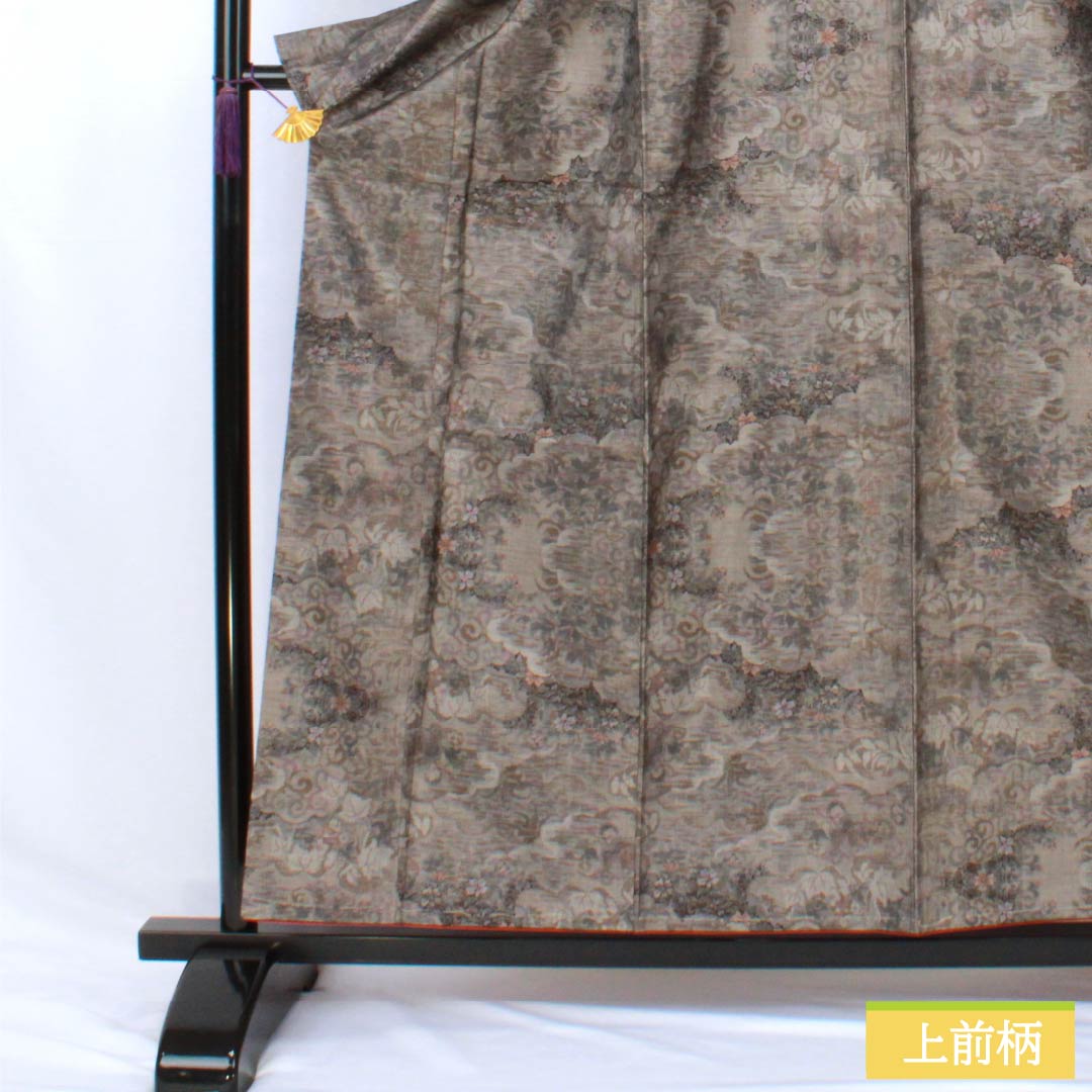 紬 正絹 Sランク 身丈159cm 裄丈60.5cm 茶気鼠色（ちゃけねずいろ） 村山大島 雲取り 草花 袷 グレー系 1116004832322