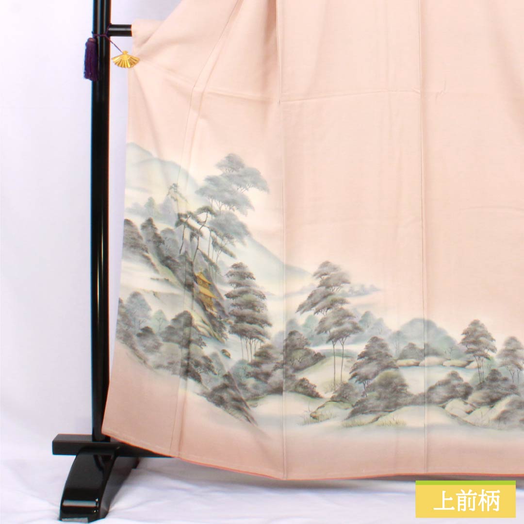 Visiting Kimono (Homongi) - Pure Silk, S-Rank, Lined, Length 161cm, Sleeve Length 65.5cm, Otomeiro (Girl's Color), Kyoto Yuzen, Artist's Work, Kinkakuji Landscape Painting, Pink, Basting Thread Included, Product Number: 1112007172413