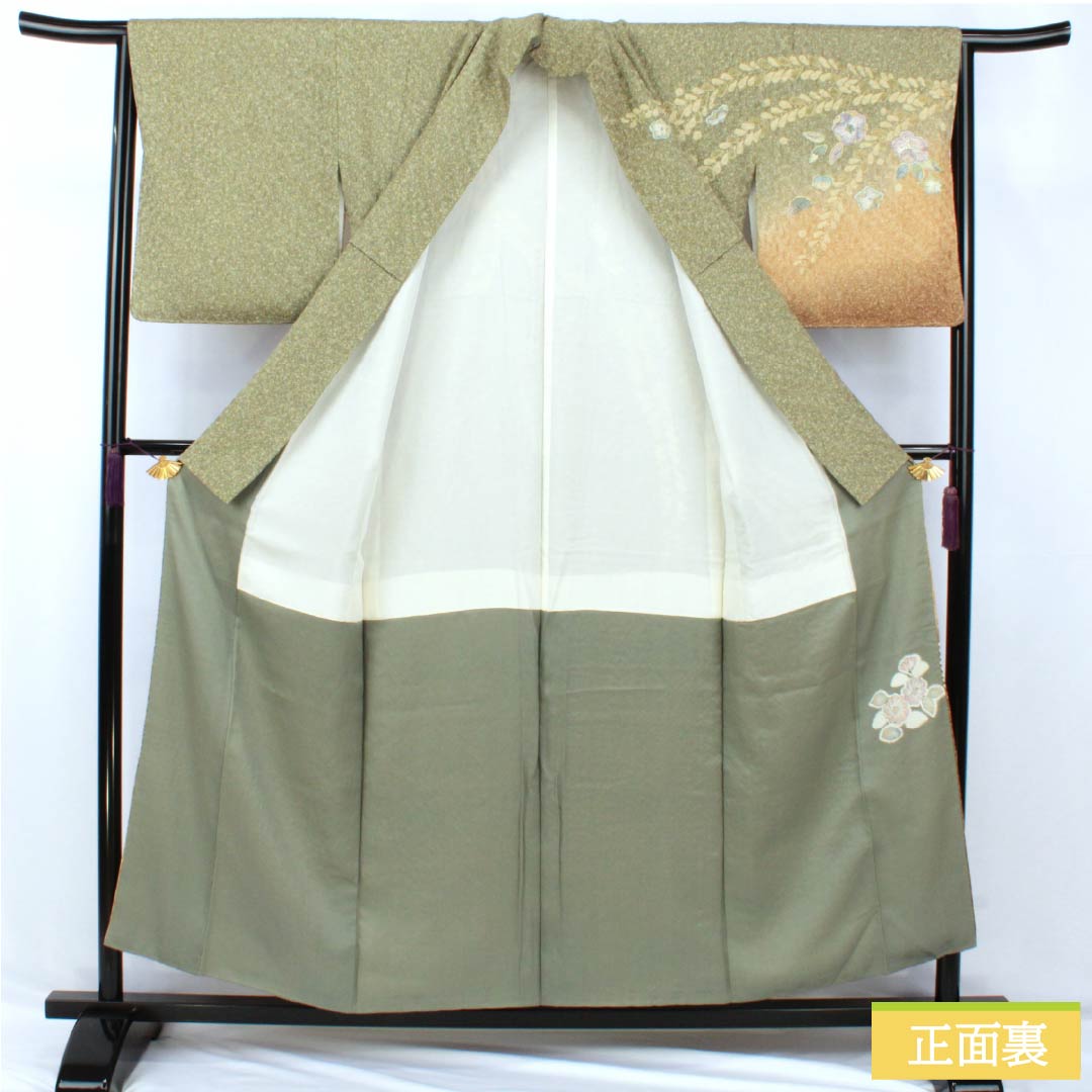Visiting Kimono, Pure Silk, S-Rank, Lined, Length 155cm, Sleeve Length 64.5cm, Rikyu Nama Kabeiro (Rikyu Nama Kabeiro) Pattern, Shibori, Tsujigahana Pattern, Artist's Work, Green, 1112006862319