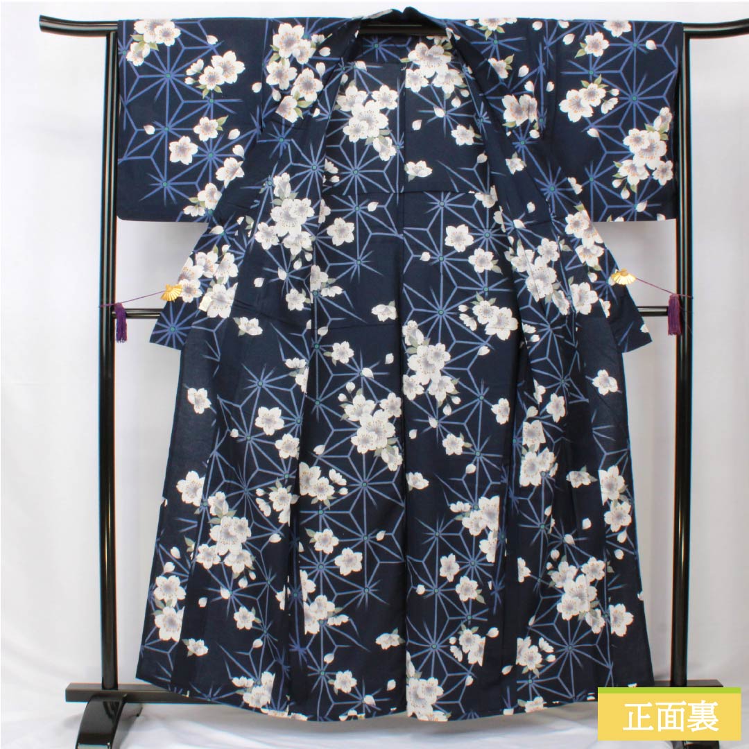 Cotton Yukata, Length 160cm, Sleeve Length 65cm, S Rank, Single Layer, Navy Blue, Cherry Blossom Design, 1118006162418
